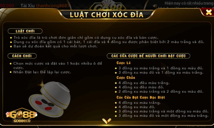 Xóc đĩa Go88 với luật chơi đơn giản